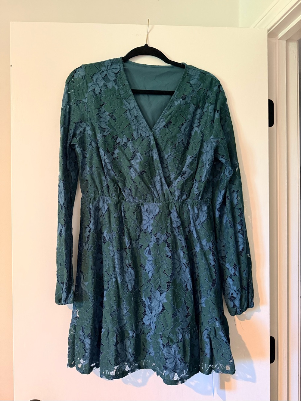 Cupshe Teal Green Floral Lace Long-Sleeve Wrap Dress- Size L